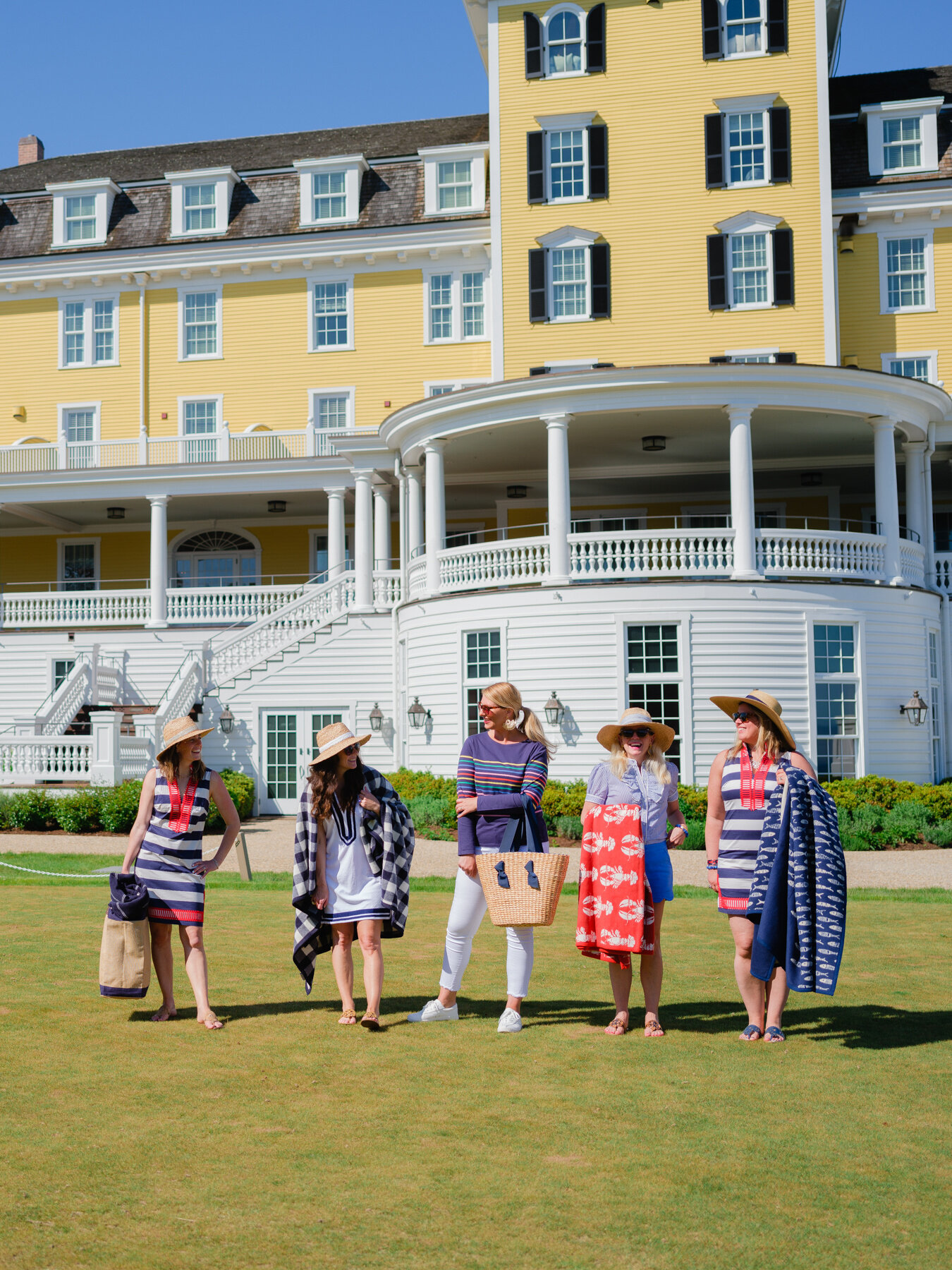 From left to right: Claire, Caitlin, Kristy, Nina, &amp; JenOn Claire &amp; Jen: Red and White Striped Dress: Shop Navy Bleu, On Caitlin: White and Navy Cover-up: Shop Navy Bleu, On Kristy: Multi-colored Striped Top: Shop Navy Bleu On Nina: Ruffled …
